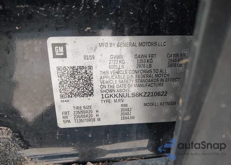 2019 GMC Acadia Slt-1 z USA, uszkodzony, nr VIN 1GKKNULS6KZ210622